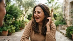 kysa-cosmetic-aesthetic-clinic-woman-laughing-in-courtyard-happy-after-mini-facelift