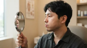 kysa-cosmetic-aesthetic-clinic-man-examining-profile-in-mirror-before-bichectomy-cape-coral