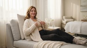kysa-cosmetic-aesthetic-clinic-woman-adjusting-cardigan-indoors