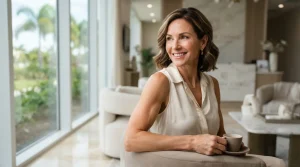 kysa-cosmetic-aesthetic-clinic-woman-smiling-in-coastal-lounge-after-kysa-arm-liposuction-consultation
