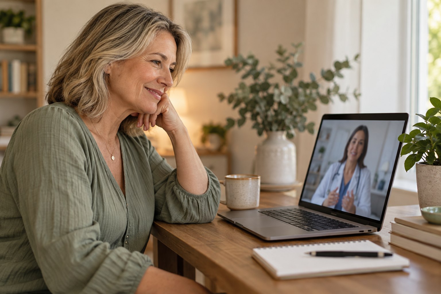 Illustrative woman attending a medical follow-up by video call