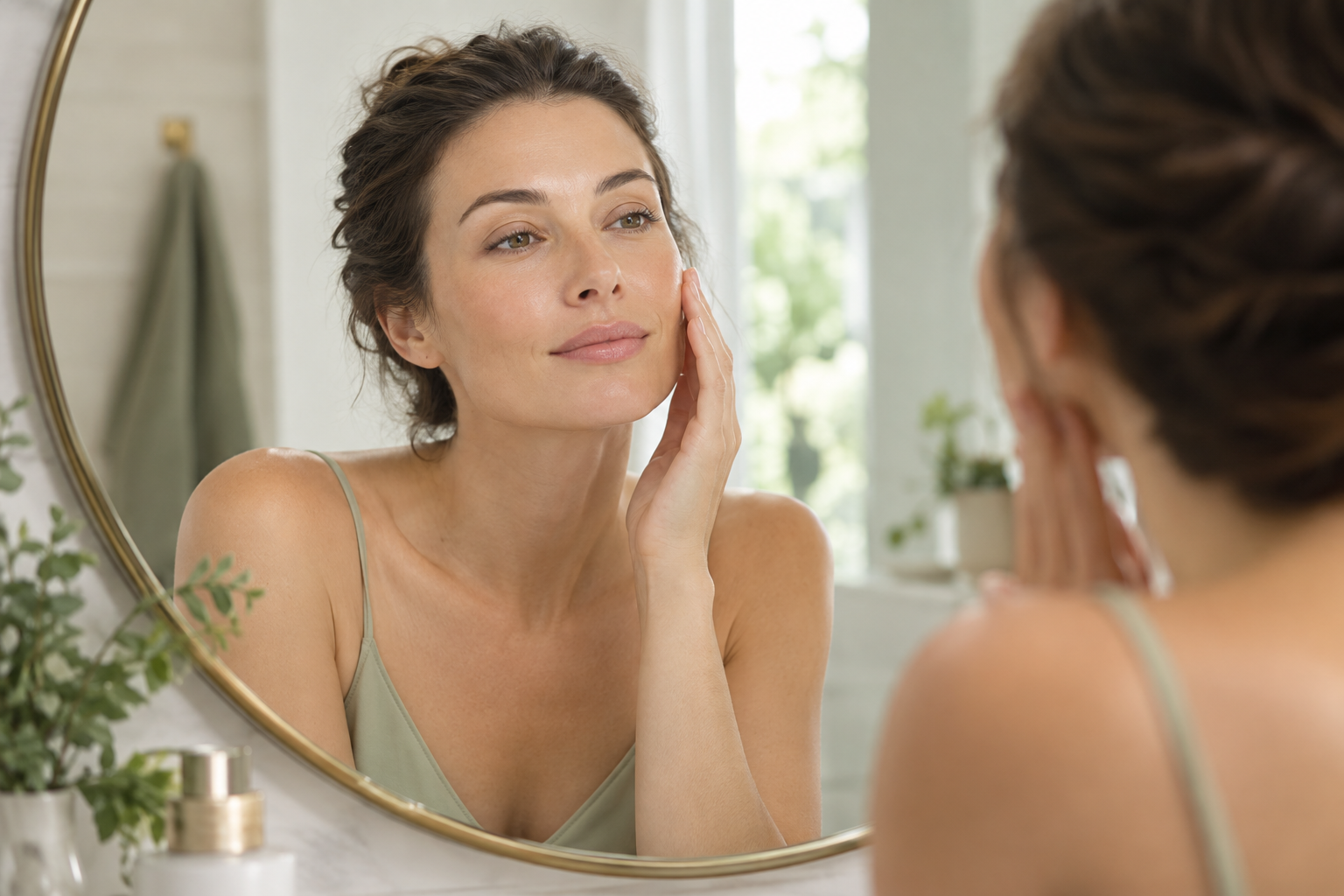 Illustrative portrait of a woman reviewing facial skin for PDRN Facial Mesotherapy in Cape Coral, FL at KYSA Cosmetic Clinic