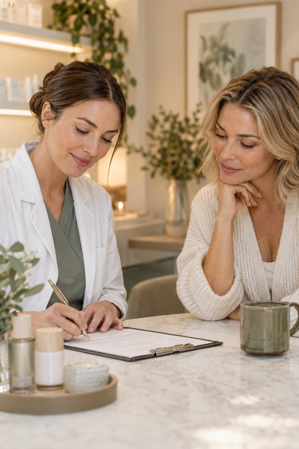 Illustrative clinician and patient reviewing a personalized treatment plan
