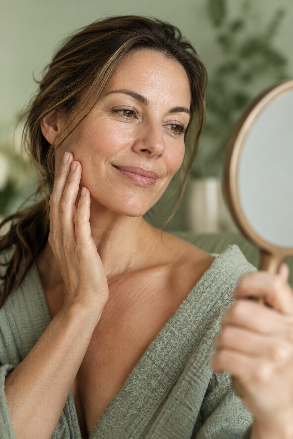Illustrative portrait of a woman reviewing facial skin in a mirror for PDRN Facial Mesotherapy in Cape Coral, FL at KYSA Cosmetic Clinic