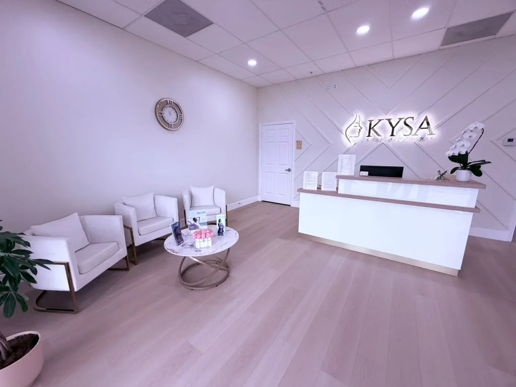 Reception desk and waiting area at KYSA Cosmetic Clinic in Cape Coral, FL