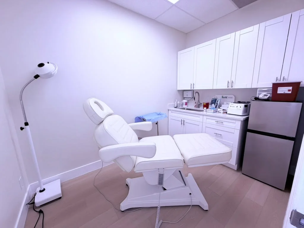 Treatment room with a reclining chair and cabinets at KYSA Cosmetic Clinic in Cape Coral, FL